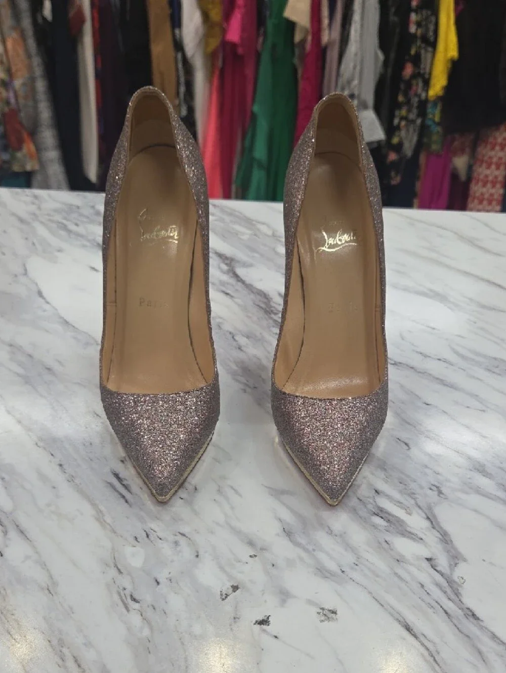 Christian Louboutin Glitter Pointed-Toe Stilettos in Rose Gold and Gold Trim